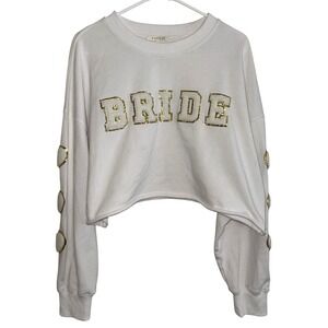 BRIDE Varsity Letter Patch 3D Croppd White Crewneck with Heart Sleeves Size L
